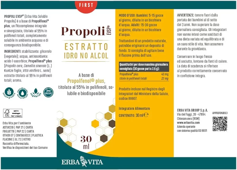 PROPOLI EVSP® ESTRATTO IDRO - NO ALCOL doplněk stravy - propolisové kapky bez alkoholu pro děti a citlivé osoby - imunita, nachlazení